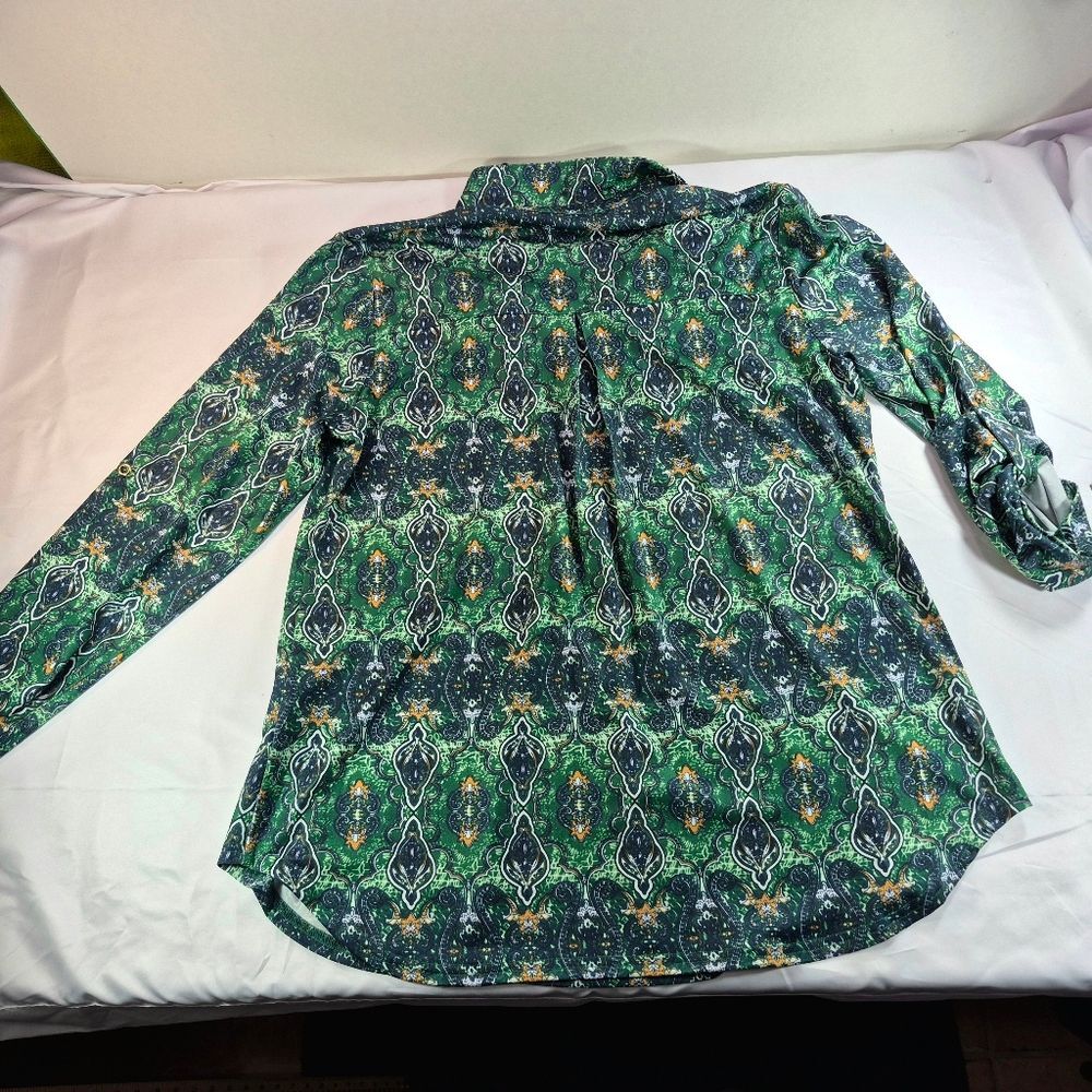 Valolia Green Blue Orange Paisley Print V-Neck Tunic Blouse Shirt XL - Picture 10 of 15